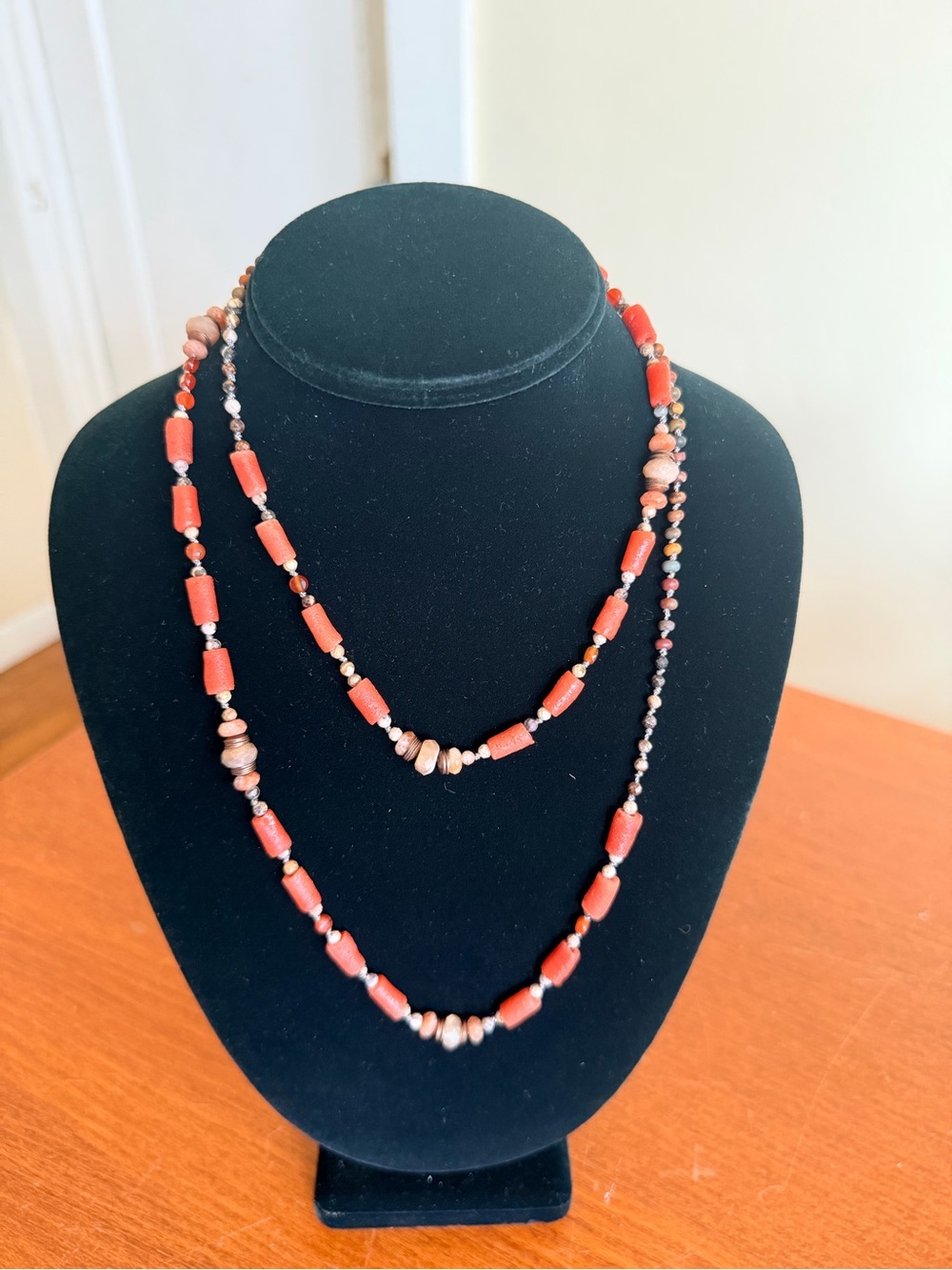 Handmade Artisan Coral Color Mixed Bead Long Convertible Necklace